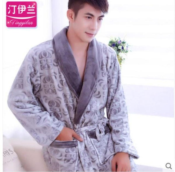 Men Casual Kimono Bathrobe Autumn Winter Flannel Long Robe Thick Warm Sleepwear Full Sleeve Nightgown Male Casual Home Wear