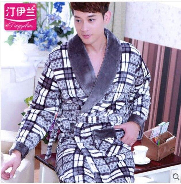 Men Casual Kimono Bathrobe Autumn Winter Flannel Long Robe Thick Warm Sleepwear Full Sleeve Nightgown Male Casual Home Wear