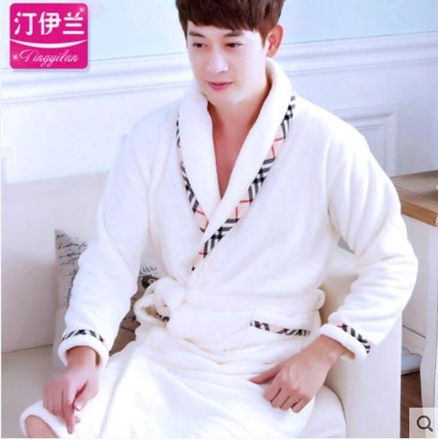 Men Casual Kimono Bathrobe Autumn Winter Flannel Long Robe Thick Warm Sleepwear Full Sleeve Nightgown Male Casual Home Wear