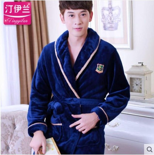 Men Casual Kimono Bathrobe Autumn Winter Flannel Long Robe Thick Warm Sleepwear Full Sleeve Nightgown Male Casual Home Wear