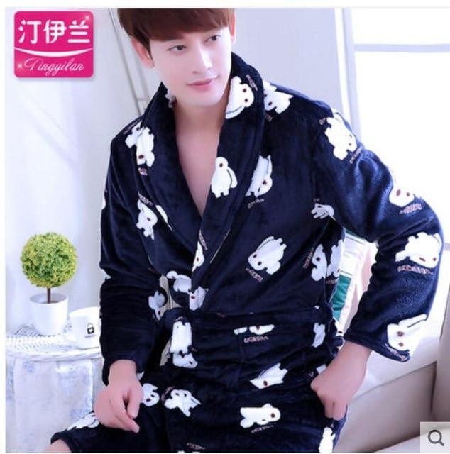 Men Casual Kimono Bathrobe Autumn Winter Flannel Long Robe Thick Warm Sleepwear Full Sleeve Nightgown Male Casual Home Wear