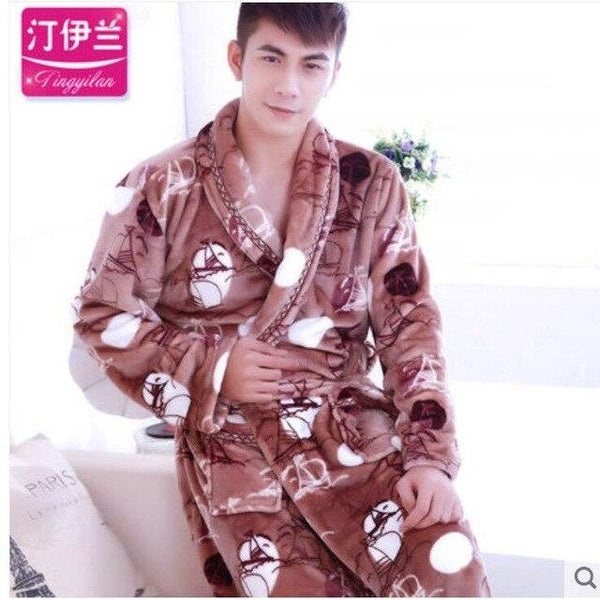 Men Casual Kimono Bathrobe Autumn Winter Flannel Long Robe Thick Warm Sleepwear Full Sleeve Nightgown Male Casual Home Wear