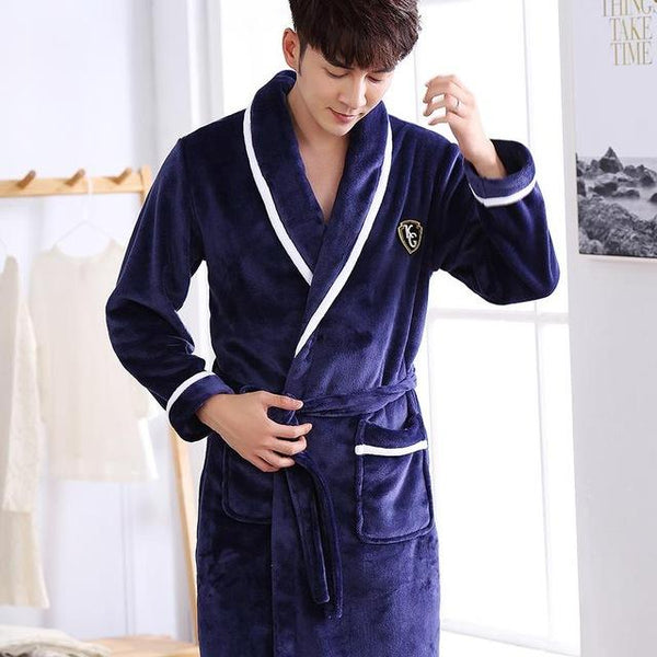 Men Casual Kimono Bathrobe Autumn Winter Flannel Long Robe Thick Warm Sleepwear Full Sleeve Nightgown Male Casual Home Wear