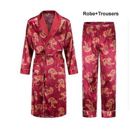 Silk nightgown Men's summer thin bathrobe Tiger nightgown Loose wedding robesilky long sleeve Sleeprobe Plus Size home wear