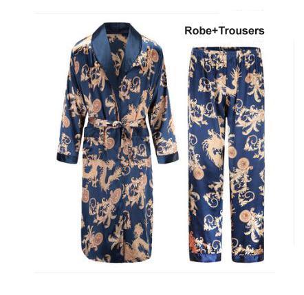 Silk nightgown Men's summer thin bathrobe Tiger nightgown Loose wedding robesilky long sleeve Sleeprobe Plus Size home wear