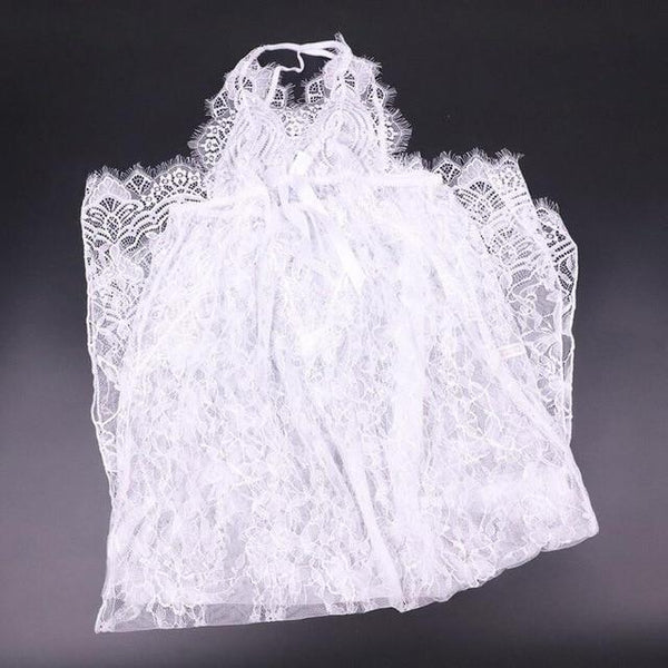 Sexy Lace Bow Perspective Split Nightgown Night Dress Solid Sleeveless Camis Stylish Long V-Neck Backless Nighty Sleepwear Modis