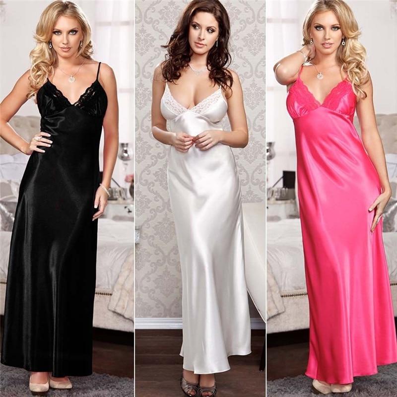 2019 New Women Satin Silk Sleepwear Nightdress Lingerie Night Dress Loose Long Solid Sleep Dress Vestidos Robe