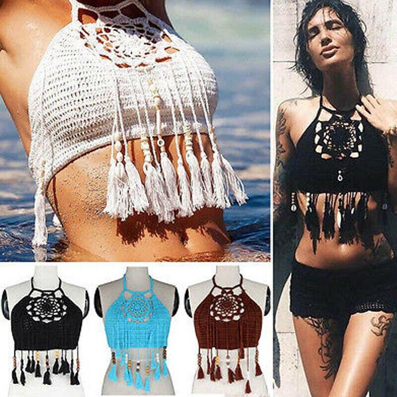 Hand-Woven Women Swimwear Sexy Lady Beach Wear Summer Knitted Chest Wrap Handmade Crochet Halter Top Swimwear