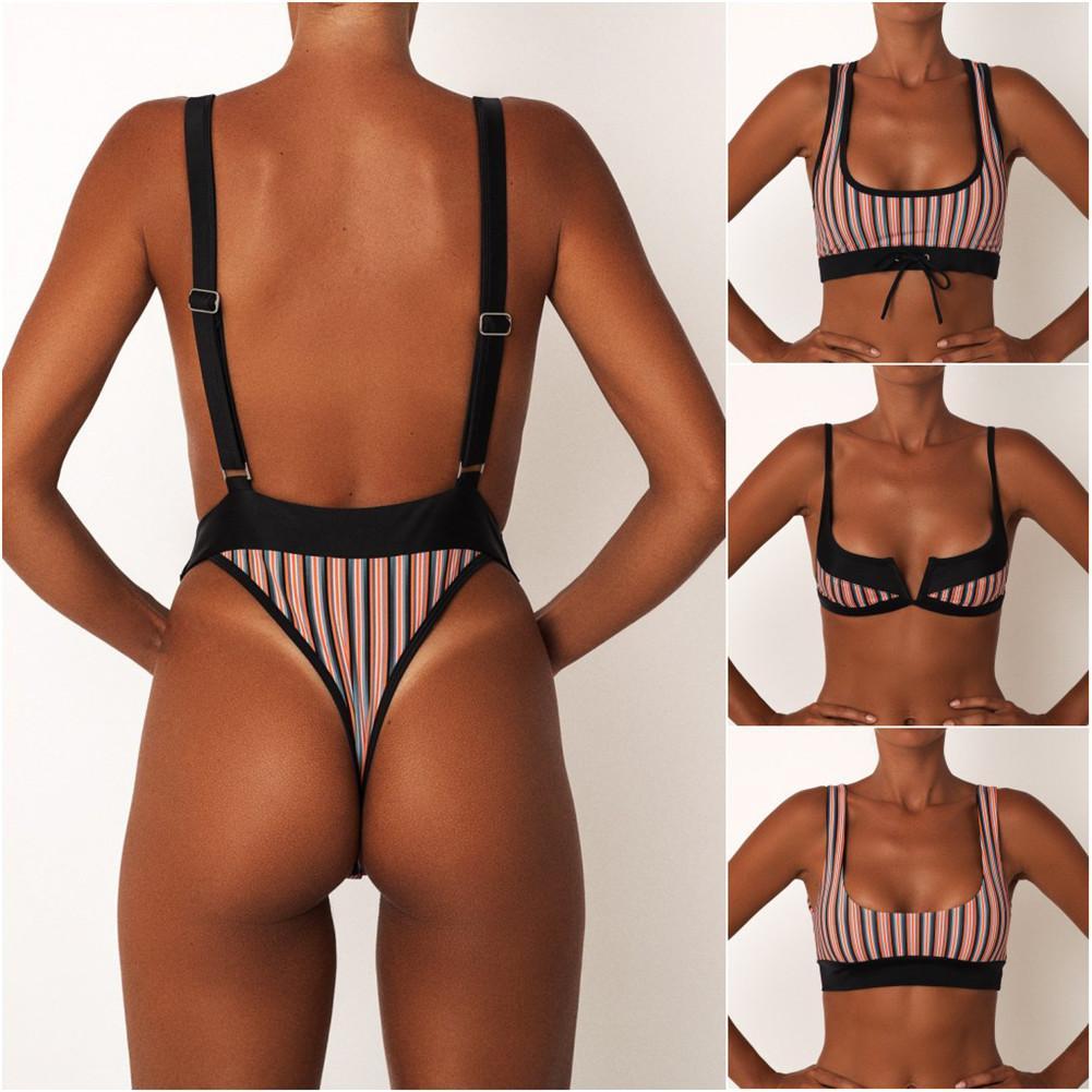 Sexy Slim Backless One Piece Swimsuit Stripe Bowknot Sports Bra Top Bikini Swimsuit Swimwear For Women Bikini Tops