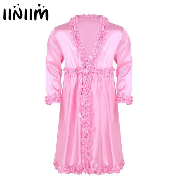 Mens Sissy Lingerie Robes for Male Silky Satin Dressing Gown Bathrobe Long Sleeves Frilly Ruffle Edges Long Nightgown Sleepwear