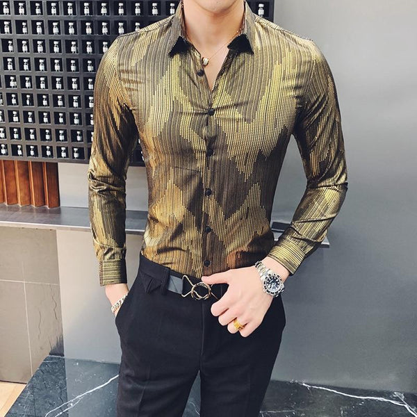 2019 Casual Men Shirt Gold Stripe Long Sleeve Shirts Korean Dress Slim Fit Tuxedo Shirts Male Fashion Night Party Club Shirt Men