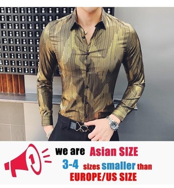 2019 Casual Men Shirt Gold Stripe Long Sleeve Shirts Korean Dress Slim Fit Tuxedo Shirts Male Fashion Night Party Club Shirt Men