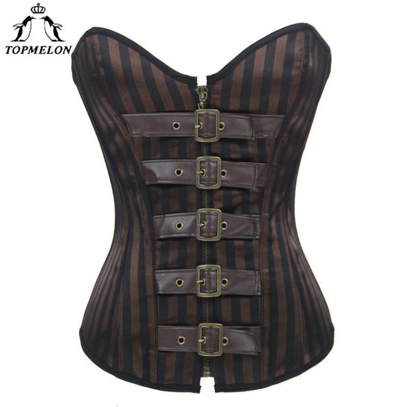 TOPMELON Retro Corselet Steel Boned Corset Women Steampunk Bustier Gothic Sexy Brown Striped Buckles New Tops for Shows Play