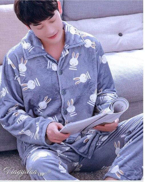 Adult Fleece Pajamas Long Sleeve Men's Thickened Flannel Homewear Coral Fleece Nightwear Male Velvet Casual Nightgown D2063