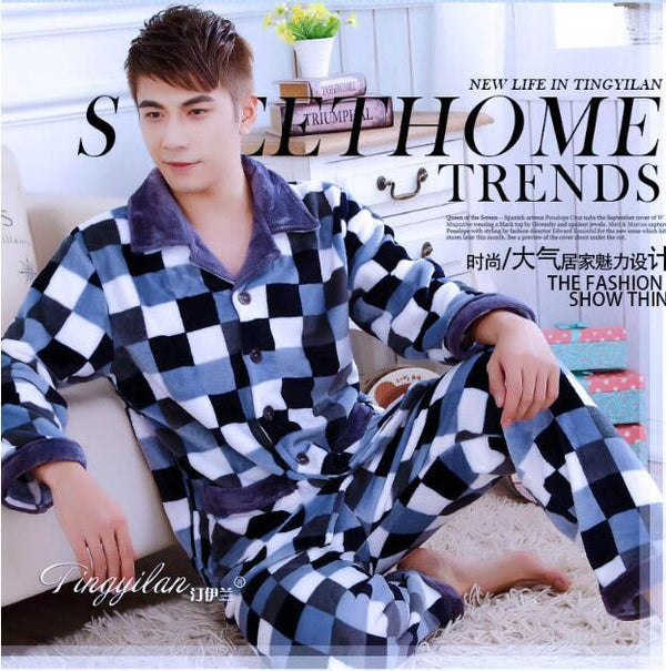 Adult Fleece Pajamas Long Sleeve Men's Thickened Flannel Homewear Coral Fleece Nightwear Male Velvet Casual Nightgown D2063