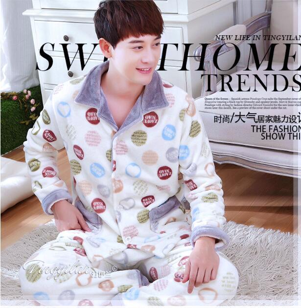 Adult Fleece Pajamas Long Sleeve Men's Thickened Flannel Homewear Coral Fleece Nightwear Male Velvet Casual Nightgown D2063