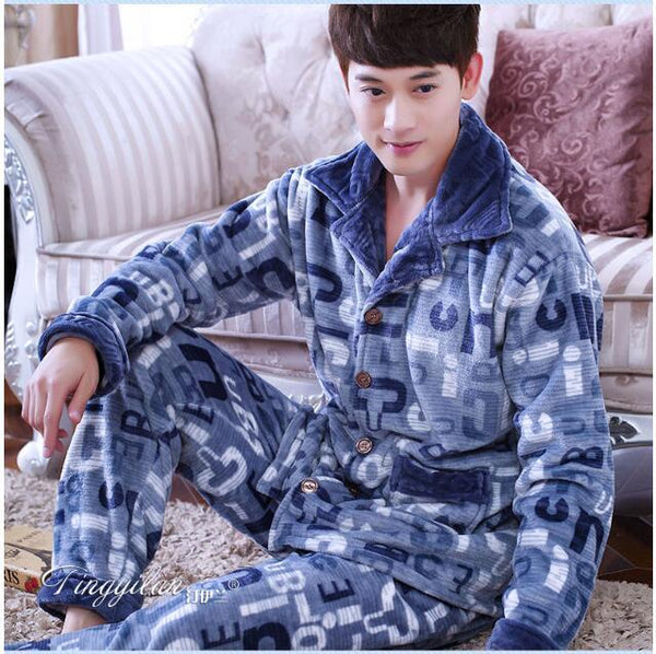 Adult Fleece Pajamas Long Sleeve Men's Thickened Flannel Homewear Coral Fleece Nightwear Male Velvet Casual Nightgown D2063