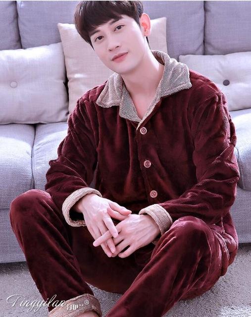 Adult Fleece Pajamas Long Sleeve Men's Thickened Flannel Homewear Coral Fleece Nightwear Male Velvet Casual Nightgown D2063