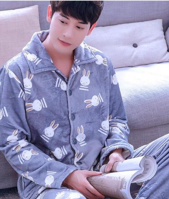 Adult Fleece Pajamas Long Sleeve Men's Thickened Flannel Homewear Coral Fleece Nightwear Male Velvet Casual Nightgown D2063