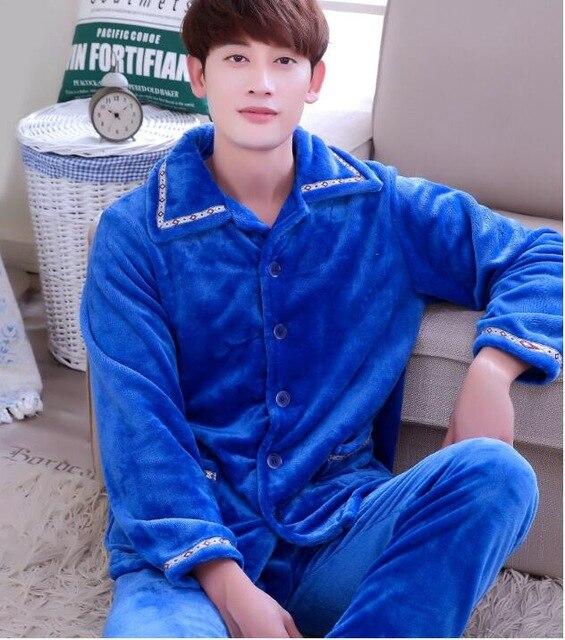 Adult Fleece Pajamas Long Sleeve Men's Thickened Flannel Homewear Coral Fleece Nightwear Male Velvet Casual Nightgown D2063