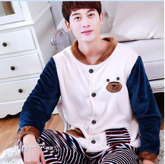Adult Fleece Pajamas Long Sleeve Men's Thickened Flannel Homewear Coral Fleece Nightwear Male Velvet Casual Nightgown D2063