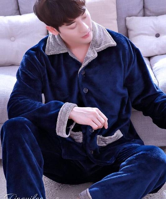 Adult Fleece Pajamas Long Sleeve Men's Thickened Flannel Homewear Coral Fleece Nightwear Male Velvet Casual Nightgown D2063