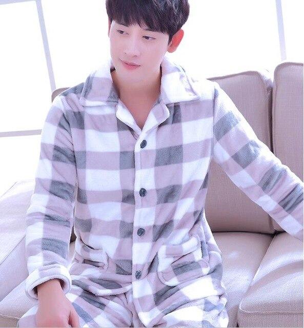 Adult Fleece Pajamas Long Sleeve Men's Thickened Flannel Homewear Coral Fleece Nightwear Male Velvet Casual Nightgown D2063