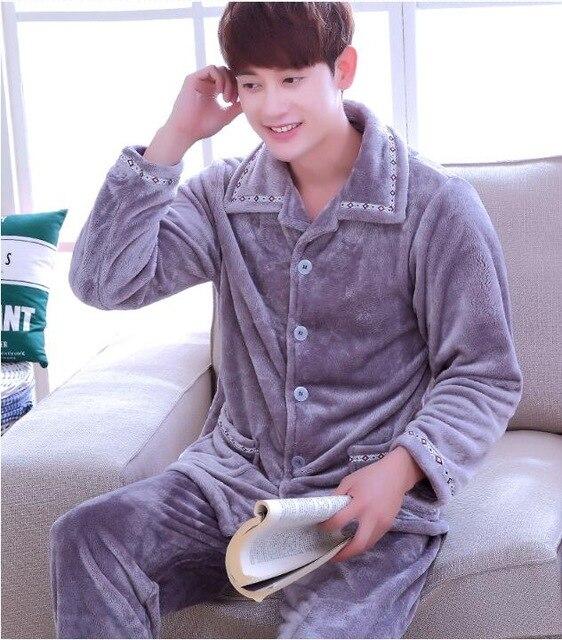 Adult Fleece Pajamas Long Sleeve Men's Thickened Flannel Homewear Coral Fleece Nightwear Male Velvet Casual Nightgown D2063