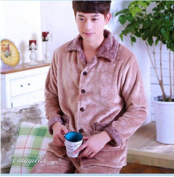 Adult Fleece Pajamas Long Sleeve Men's Thickened Flannel Homewear Coral Fleece Nightwear Male Velvet Casual Nightgown D2063