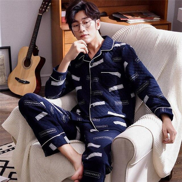 Winter Warm Long Cotton Padded Men's Pyjamas Nave Pajamas Set Casual Sleepwear Pyjamas Nightwear Pijamas Size 3XL Home Clothing