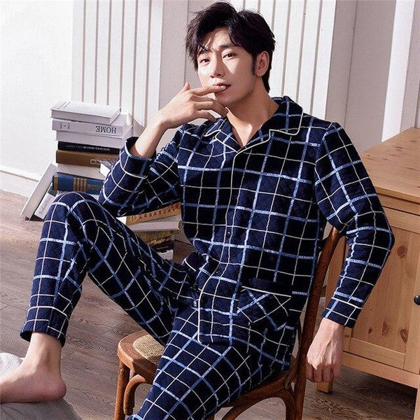 Winter Warm Long Cotton Padded Men's Pyjamas Nave Pajamas Set Casual Sleepwear Pyjamas Nightwear Pijamas Size 3XL Home Clothing