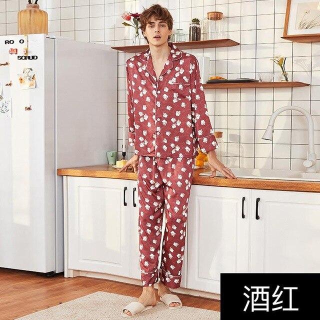 Silky Sleep Pajamas Mens Strap Shirt Pants Suit Sleepwear Sets Casual Male Home Wear Top Nightwear Sexy Robe Bath Gown L XL XXL