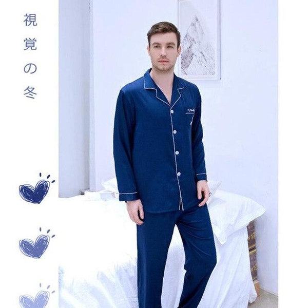 Men's Silk Long-sleeved Home Clothes Students Sleepwear Set Loungewear Satin Leisure Youth Plus Size All Seasons Nightwear J012