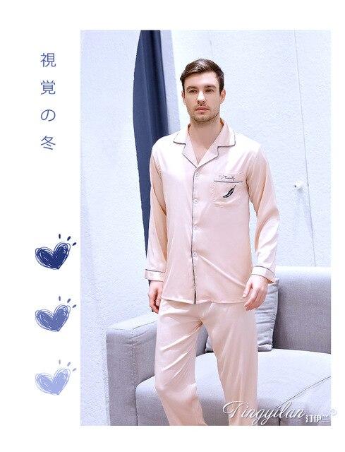 Men's Silk Long-sleeved Home Clothes Students Sleepwear Set Loungewear Satin Leisure Youth Plus Size All Seasons Nightwear J012