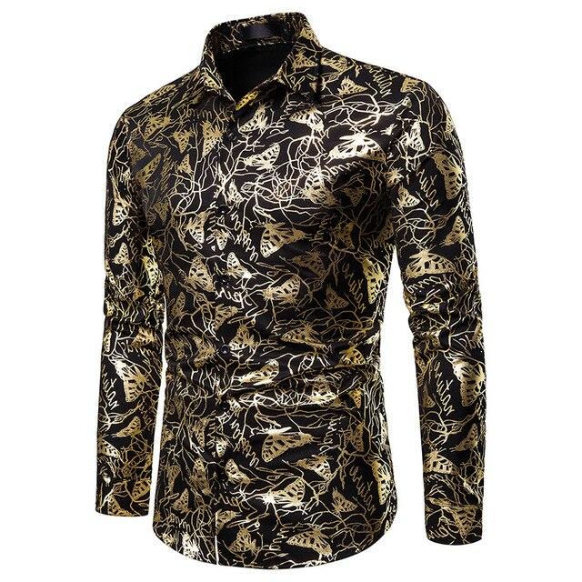 Mens Shirts Long Sleeve 2019 Night Club Party Prom Wear Dress Shirt Men Casual Golden Butterfly Printed Camisa Social Masculina