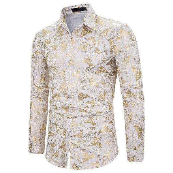 Mens Shirts Long Sleeve 2019 Night Club Party Prom Wear Dress Shirt Men Casual Golden Butterfly Printed Camisa Social Masculina