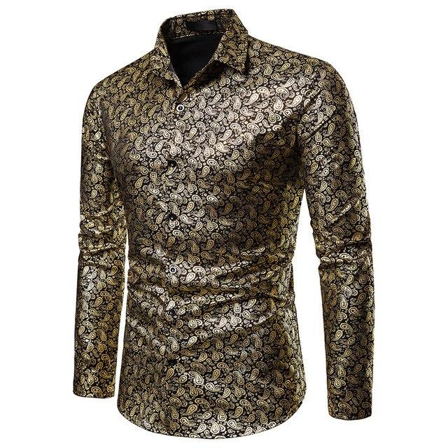 Mens Shirts Long Sleeve 2019 Night Club Party Prom Wear Dress Shirt Men Casual Golden Butterfly Printed Camisa Social Masculina