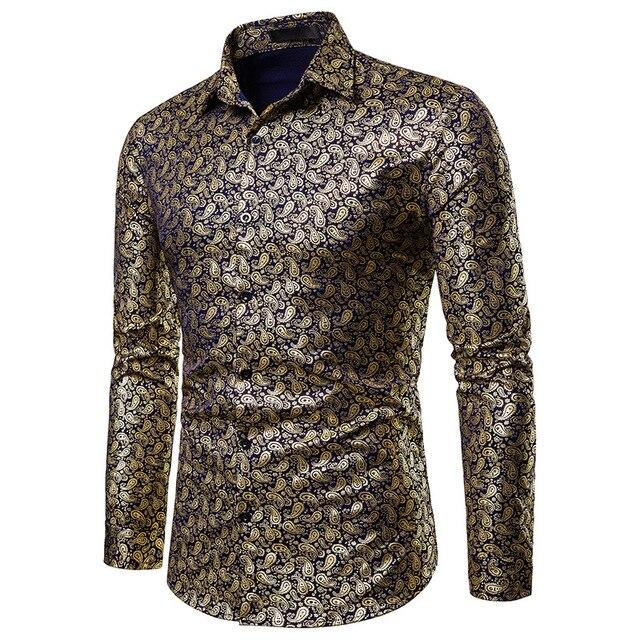 Mens Shirts Long Sleeve 2019 Night Club Party Prom Wear Dress Shirt Men Casual Golden Butterfly Printed Camisa Social Masculina