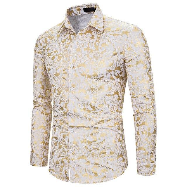 Mens Shirts Long Sleeve 2019 Night Club Party Prom Wear Dress Shirt Men Casual Golden Butterfly Printed Camisa Social Masculina