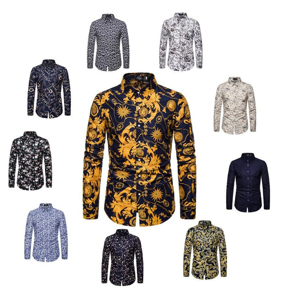 2019 Slim Fit Men Shirt Brand New Long Sleeve Print Mens Casual Shirts Night Club/Party/Prom Dress Shirt Male Clothing