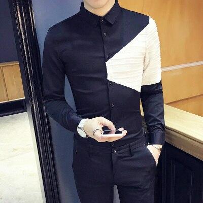 Hot Sale Men Spring Shirt 2018 Korean Patchwork Design Shirt Dress Men Slim Fit Long Sleeve Casual Night Club Social Shirts Male
