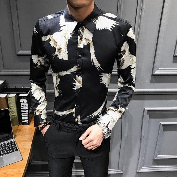 New Arrival 2019 Camisa Masculina Slim Fit Brand Print Long Sleeve Shirt Men Night Club Prom Tuxedo Men Dress 3XL-M Hot