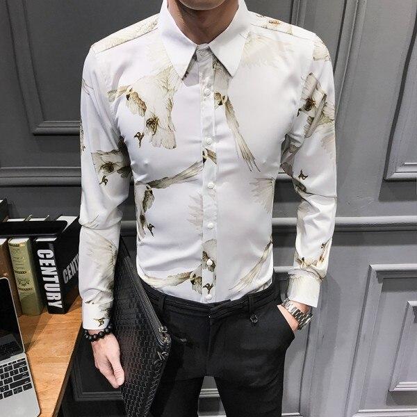 New Arrival 2019 Camisa Masculina Slim Fit Brand Print Long Sleeve Shirt Men Night Club Prom Tuxedo Men Dress 3XL-M Hot