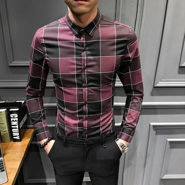 Hot Sale camisa xadrez masculina brand new 2019 slim fit men shirt all match plaid shirt dress night club prom tuxedo men 3xl-m