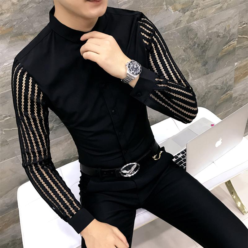 Men Shirt 2019 Spring Hollow Lace Patchwork Long Sleeve Shirt Men Streetwear Mens Shirts Casual Slim Fit Night Club Dress RS-367