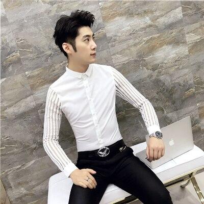 Men Shirt 2019 Spring Hollow Lace Patchwork Long Sleeve Shirt Men Streetwear Mens Shirts Casual Slim Fit Night Club Dress RS-367