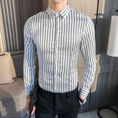 Striped Shirt Men Khaki White Long Sleeve Dress Slim Fit Tuxedo Clothing Plus Size M-5XL Night Club Social Casual Shirts Male