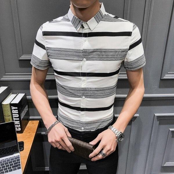 Summer Men Shirt Short Sleeve Simple Striped Shirts Men Slim Fit Casual Shirt Dress Night Club Prom Tuxedo Men Formal Wear 3XL-M