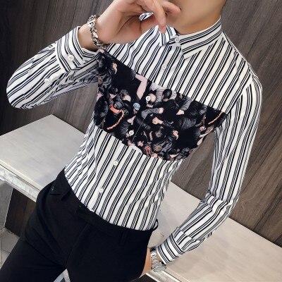 British Style Men Shirt Brand New Slim Fit Casual Striped Shirts Dress Men Clothes 2019 Long Sleeve Night Club Prom Tuxedo 3XL-M