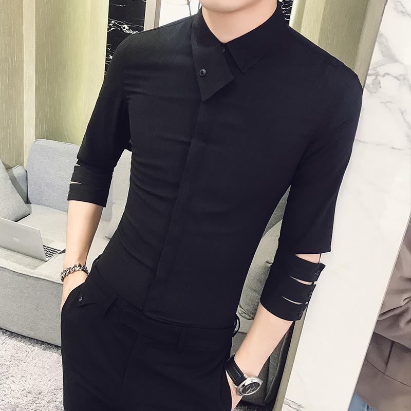 British Style Shirt Men 2019 Summer New Personality Slim Fit Tuxedo Shirt 3/4 Sleeve Night Club Party Dress Shirts Social 3XL-M